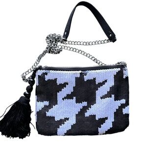 Juicy Couture Black White Sequin Chain Leather Strap Houndstooth Evening Bag GUC